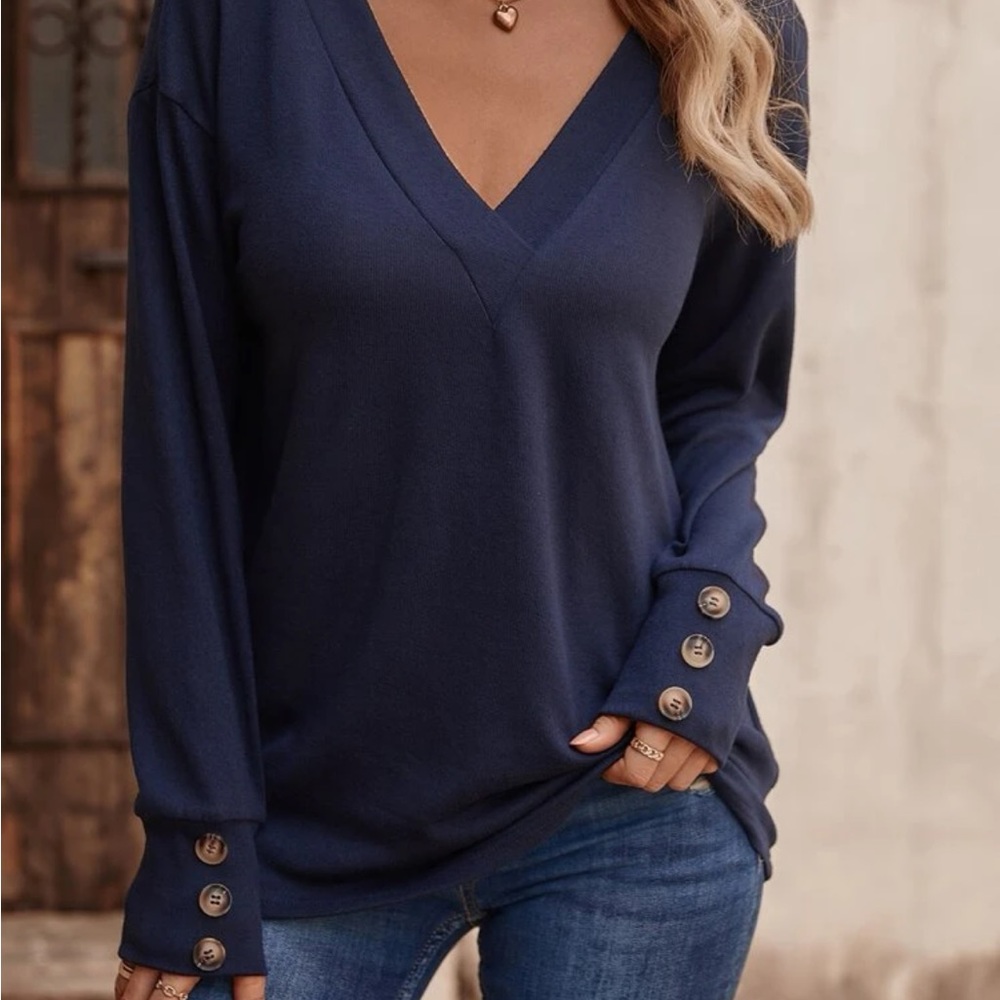 V-Neck Drop Shoulder Button Detail Tee